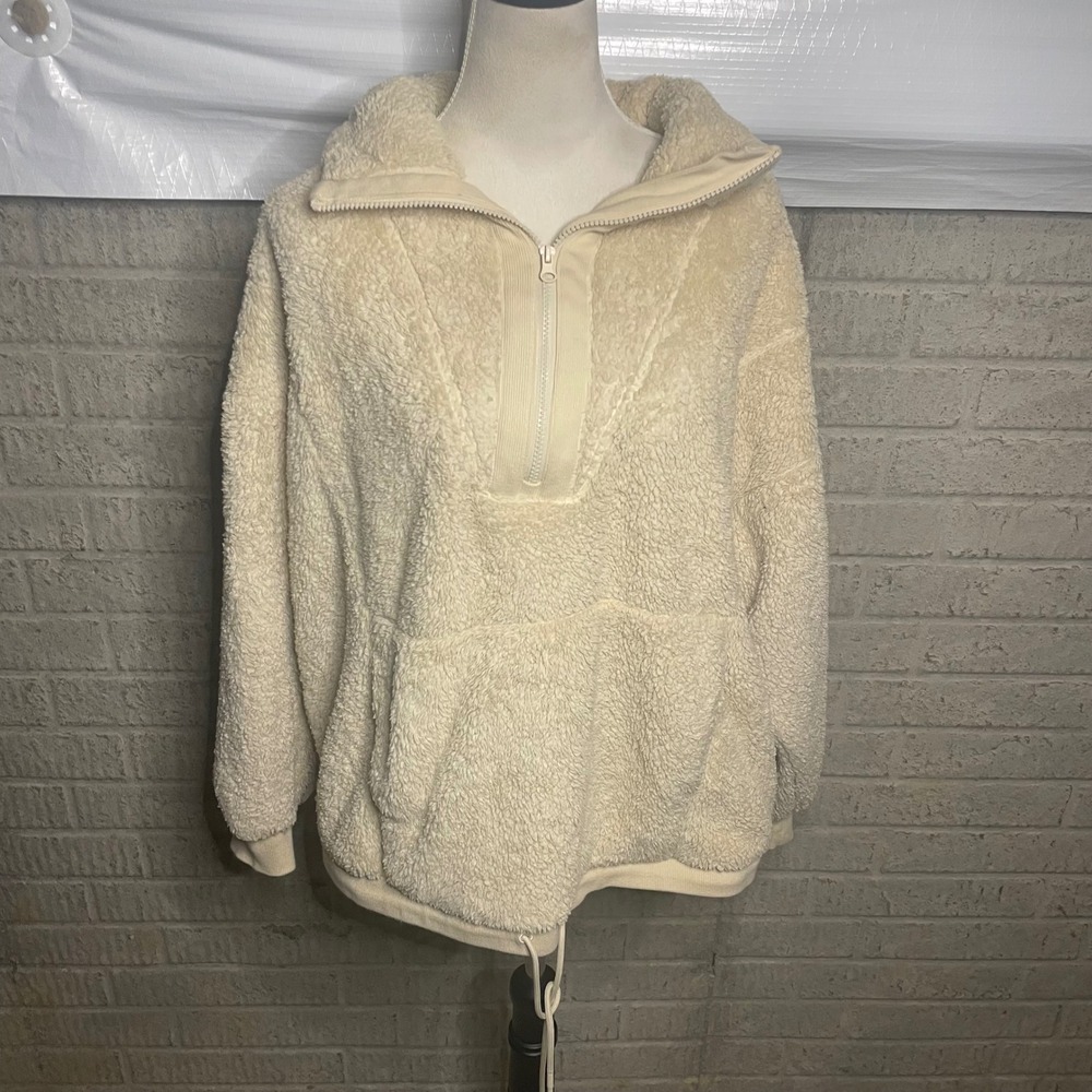Joy Lab Womens Pullover Sherpa Sweatshirt Half Zip Drawstring Collar Beige L‎